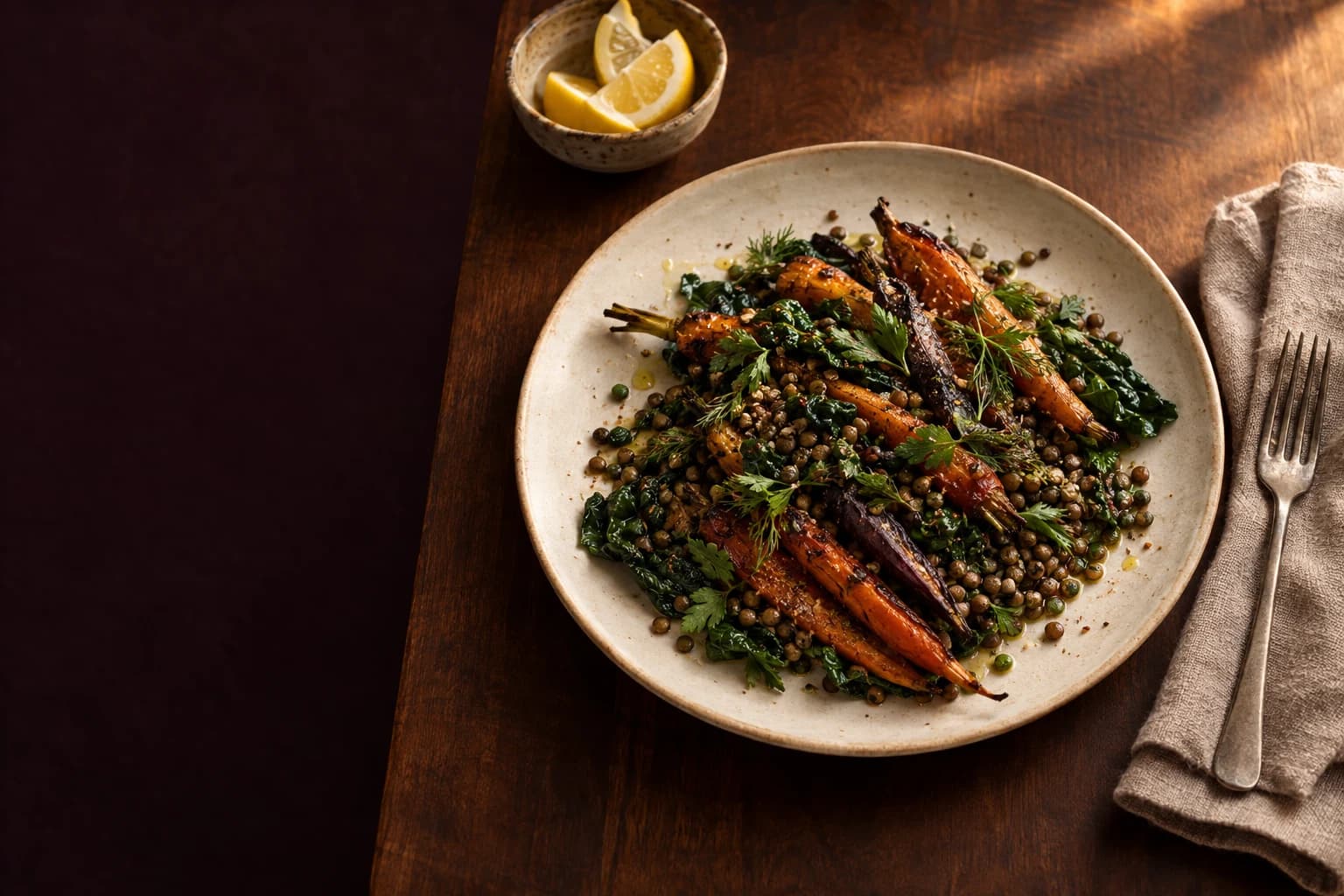 An everyday lunch of lentils, roasted carrots and greens on a warm ceramic plate