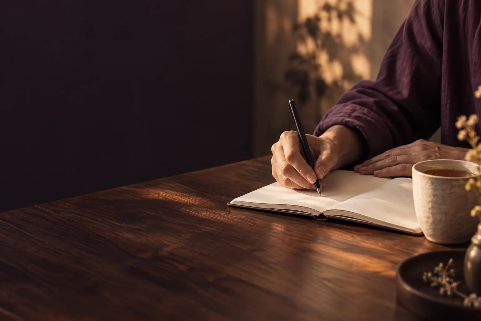 A hand holding a pen over an open notebook beside a cup of tea at a warm wooden table
