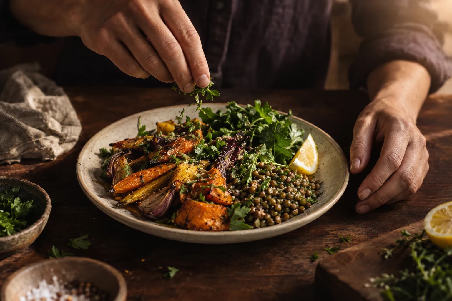 Hands finishing a freshly prepared meal with herbs