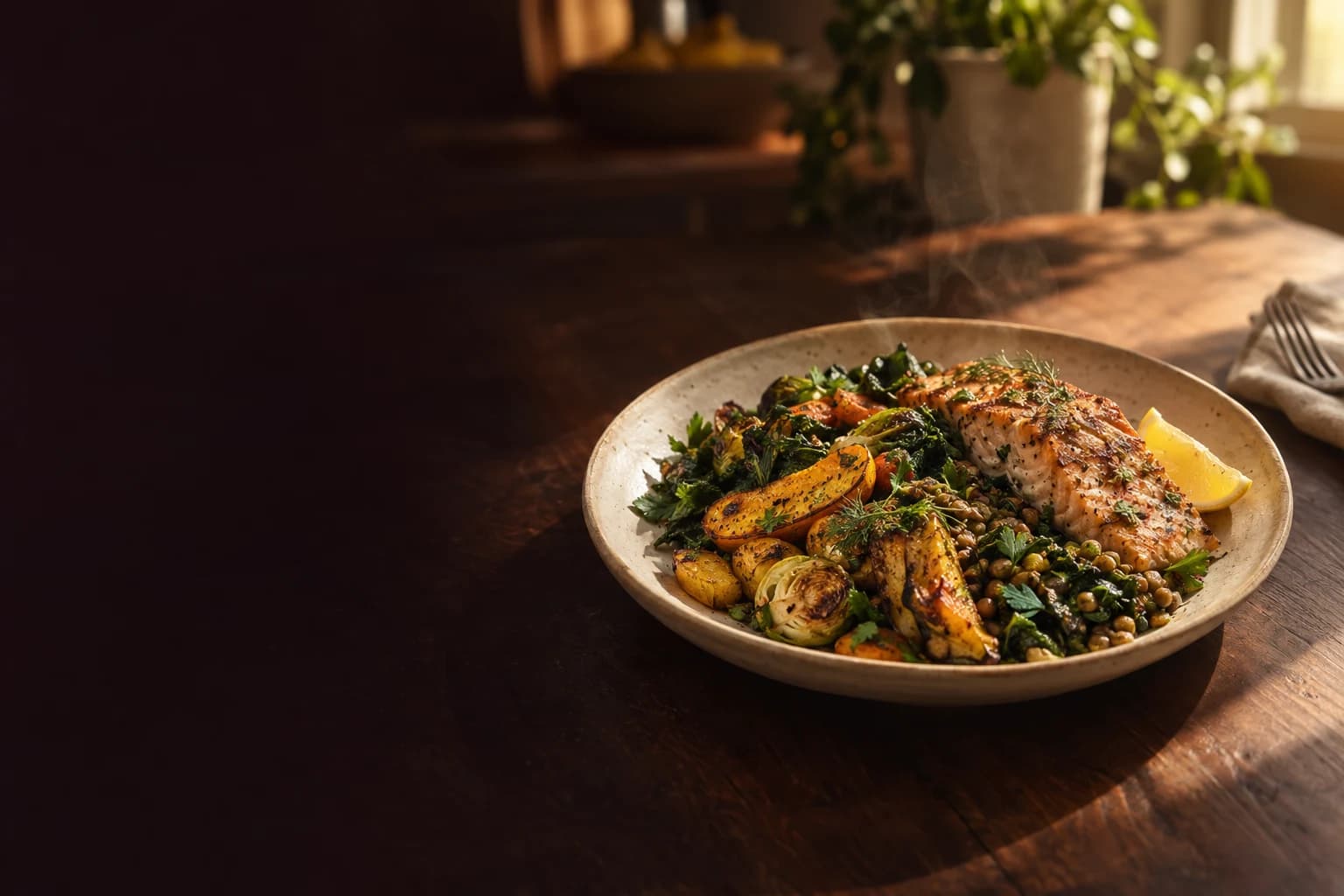 A nourishing lunch of roasted vegetables, lentils, and salmon on a ceramic plate