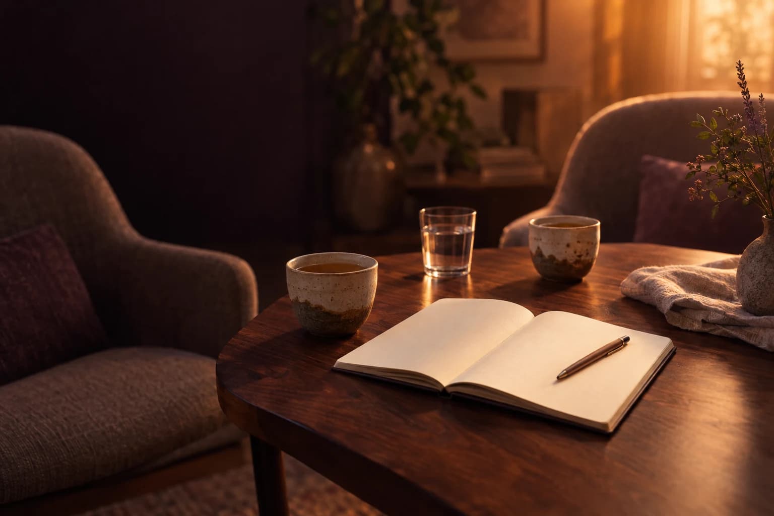 A quiet consultation table with an open notebook and two cups of tea