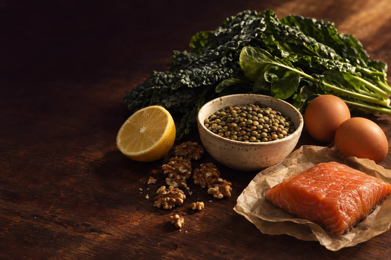 Leafy greens, salmon, eggs and lentils on a walnut table in warm afternoon light